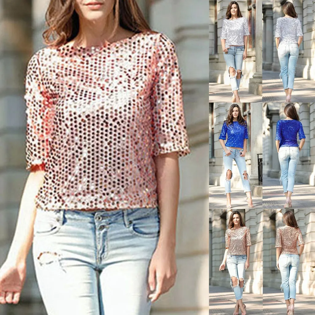 Модная футболка с блестками размера плюс повседневная Летняя женская круглым