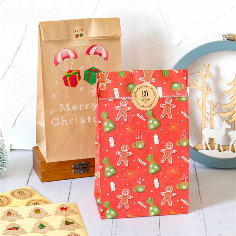 

Christmas Kraft Gift Bags Santa Snowman Xmas Tree Paper Bag With Stickers Party Favor Wrapping Supplies Envelopes 12 Pcs