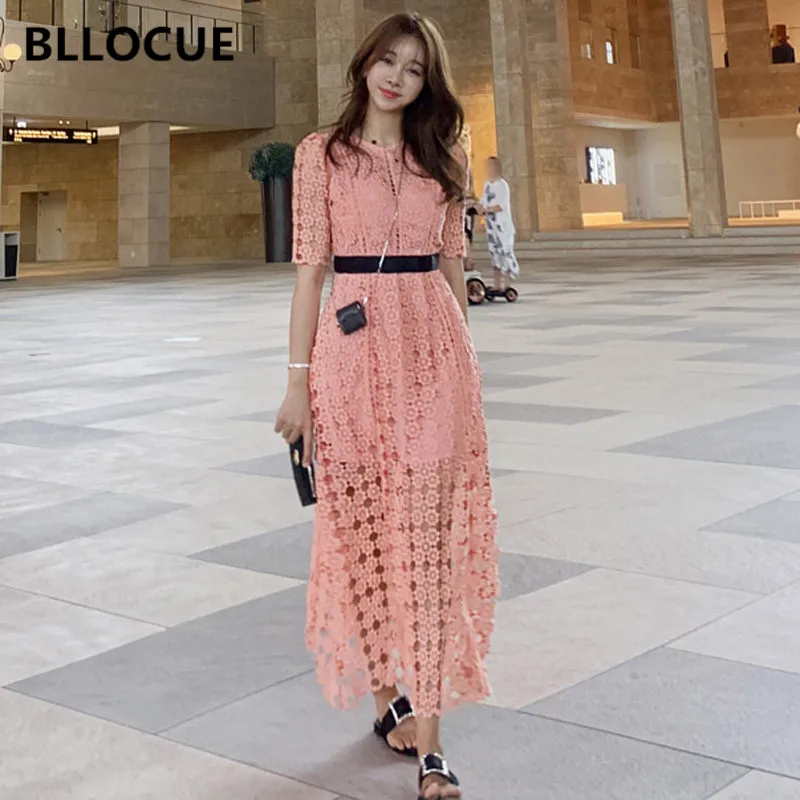 2019 Новое шикарное розовое элегантное кружевное Открытое платье Летнее женское