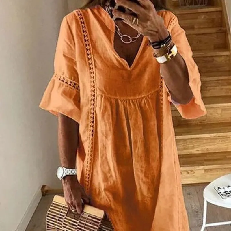 

Summer Women's Dress 2021 Vintage Bohemian Deep V Neck Flare Sleeve Lace Sundress Female Hollow Patchwork Simple Solid Robe