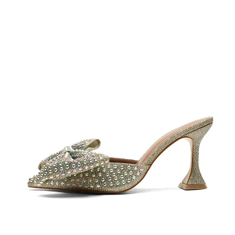 

Point-tip bow-knot sandal with rhinestone, all-match, ultra-high heel, thin heel, bun sandals for women