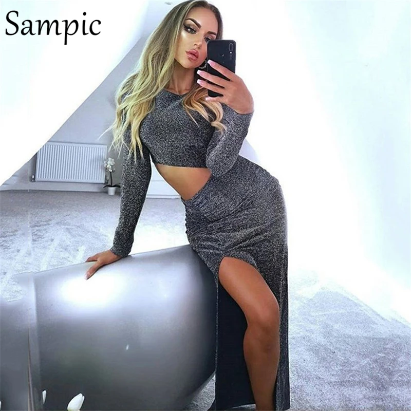 Sampic женские модные вечерние платья облегающее сексуальное с блестками длинным