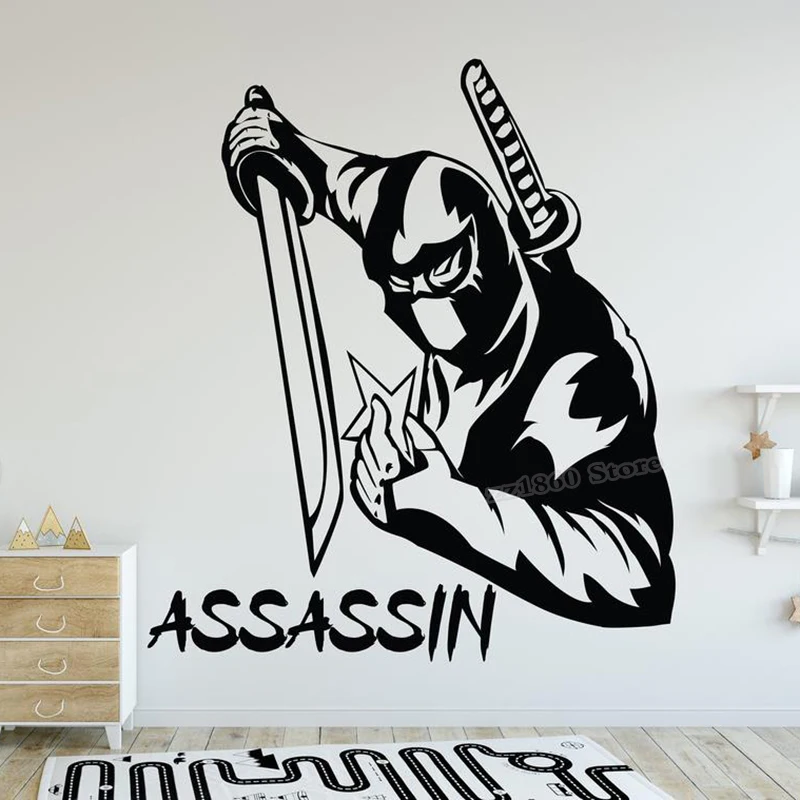 Наклейка на стену с именем ниндзя, под заказ, наклейка на стену в виде самурайского дракона, ниндзя, боец, карате, декор для комнаты мальчика, Виниловая наклейка с убийцей B784