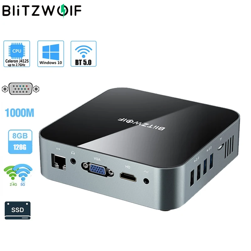 BlitzWolf Мини-ПК Intel celeron J4125 Четырехъядерный 8 ГБ оперативной памяти 128 ГБ Windows 10 2.4G / 5G Двойной Wi-Fi BT5.0 4K 60Hz WIN10 4K HD RJ45 1000M VGA ПК Компьютер Настольный ПК - изображение