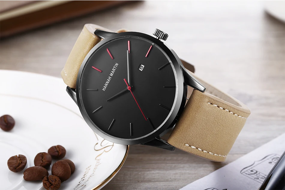 Мужские наручные часы с календарем кварцевые коричневым кожаным ремешком