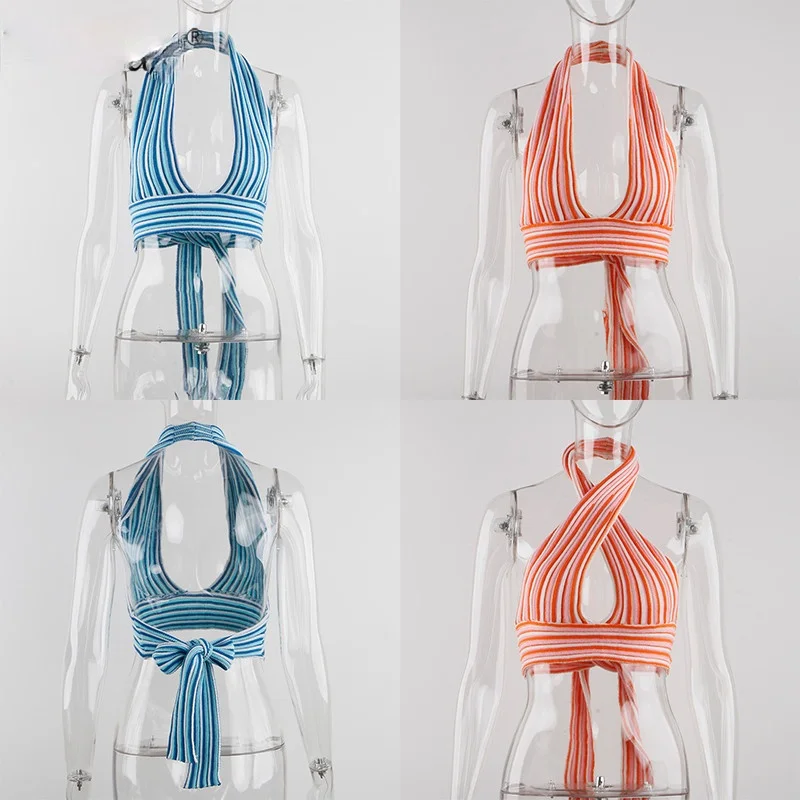 

Deep V Neck Knit Crop Top Women Blue Backless Off Shoulder Summer Beach Halter Neck Bandage Y2K Sexy Top Tanks