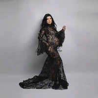 sexy black lace appliques see thru long tulle maternity dresses chic high collar full sleeves party tulle pregnant women dress