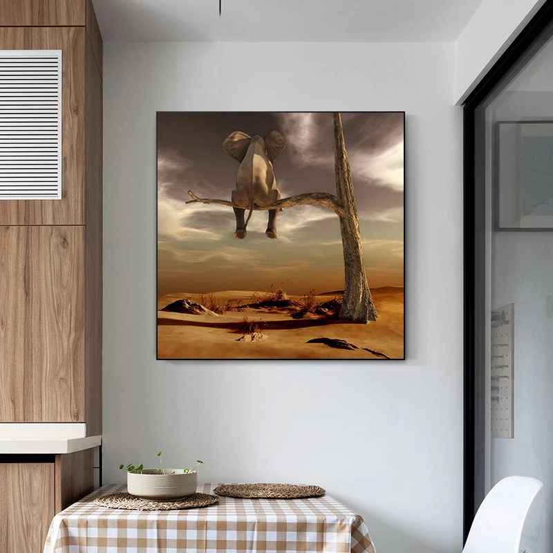 

Funny Little Elephant on Tree Canvas Painting Modern Wall Art Posters and Prints Nordic Animal Pictures for Kids Room Home Decor
