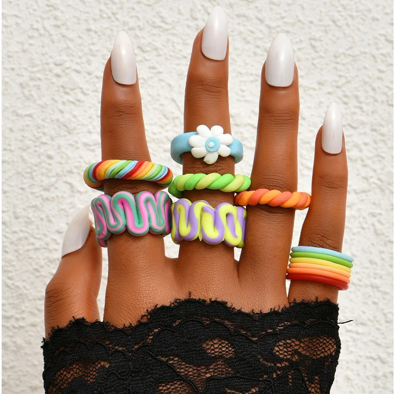 ALYXUY Новое Трендовое разноцветное кольцо в полоску контрастного цвета ручной работы из глины для женщин модное ювелирное изделие подарок