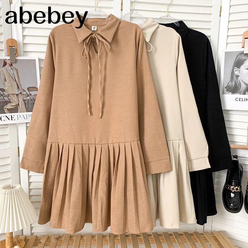 

Korean turn down collar long sleeve Dress lace up bow loose casual solid color A-line Pleated Dress 2021 New Spring Autumn