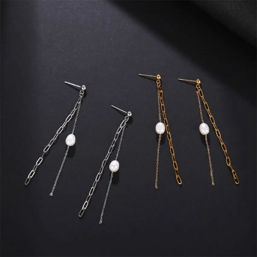 

New Stainless Steel Chain Link Pearl Long Line Earrings for Women 2021 Fashion Female Earrings High Quality Boutique Jewelry