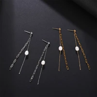 new stainless steel chain link pearl long line earrings for women 2021 fashion female earrings high quality boutique jewelry