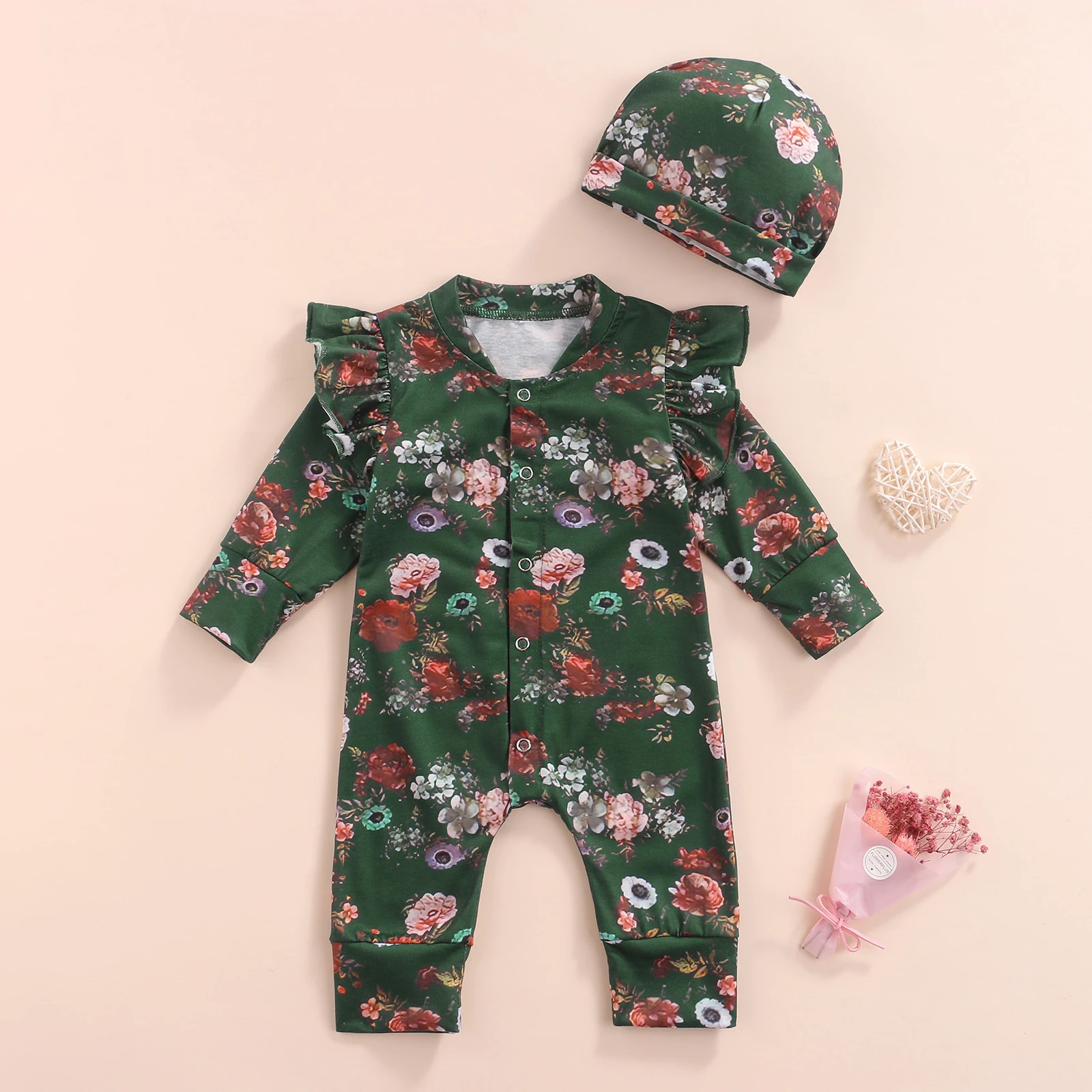 

Baby Cute and Fresh Jumpsuit, Cartoon Floral Print V-Neck Long-Sleeved Bodysuit + Spring and Autumn Hat