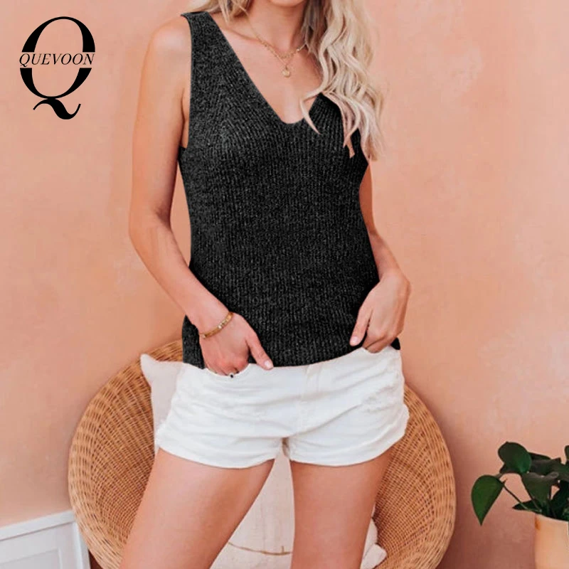 

QUEVOON Solid Casual Fashion Style Tanks V-Neck Elegant Sleeveless Women Sexy Camisole Summer Basic Tank Tops 2021 Slim Sporty