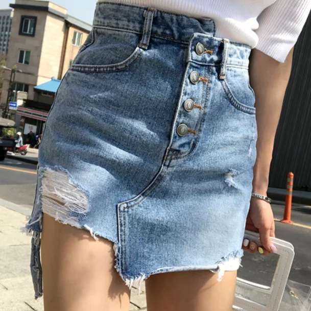 Асимметричная джинсовая юбка с высокой талией светильник Женская рваная мини