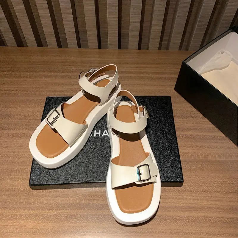 

Sianie Tianie Genuine Natural Leather Open Toe Buckle Strap Thick Sole Platform Womens Flats Shoes Summer Leisure Flat Sandals