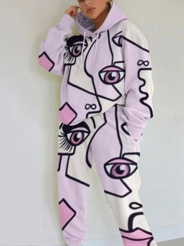 

New Hot Sale Two-Piece Suit Fashion Casual Women's Casual Hooded Loose Print Basic Women's Sweater Suit Two-Piece Winter 2020