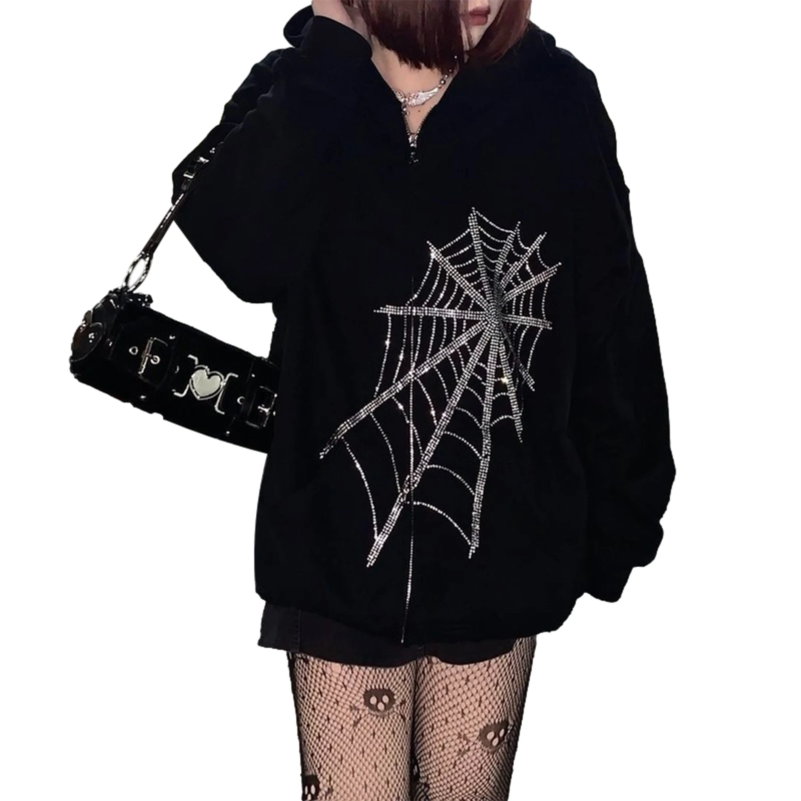 

Women Hooded Sweater, Adults Rhinestone Spider Web Pattern Long Sleeve Zipper Cardigan with Pocket