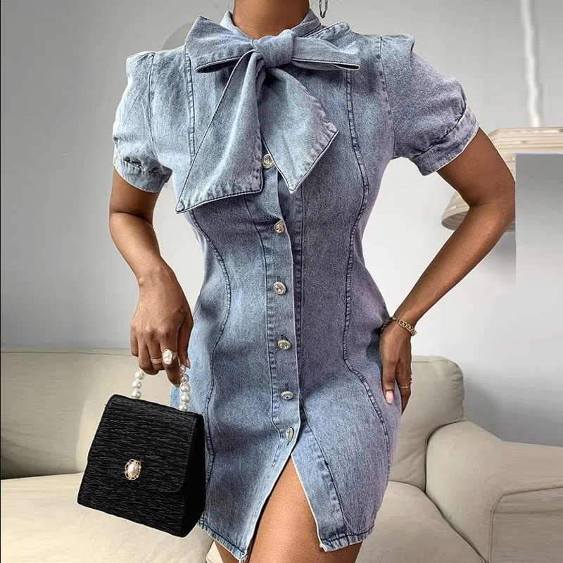 

Denim dress, elegant a-line denim dress in autumn, fashionable ladies party dress denim dress