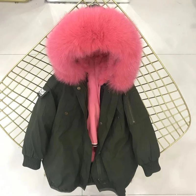 green watermelon fur Настоящий мех кролика, парки, пальто с капюшоном из лисьего меха, Детская куртка для мальчиков и девочек, ветровка, детская зимняя одежда - Цвет: green watermelon fur