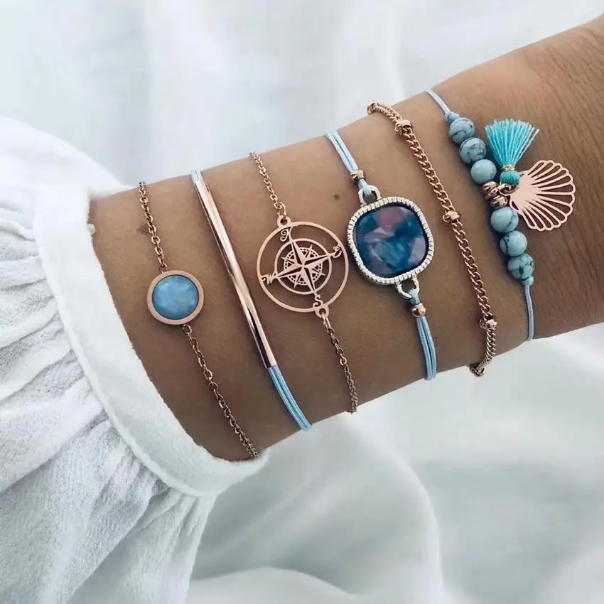 

6 pcs/set Natural Stone Copper Tube Bohemian Bracelets Set for Women 2021 New Fashion Blue Wax Rope Compass Bracelets Bangles
