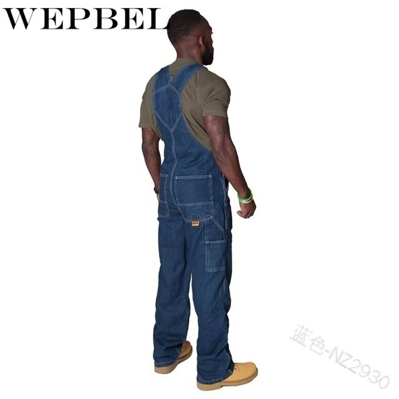 

WEPBEL Rompers with Pocket Men Jumpsuit Long Pants Men Casual Loose Straight Straps Denim Jeans
