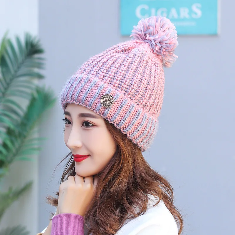 

COKK Winter Hat Women Outdoor Warm Knitting Cap Ear Protection Stretch Hats Thick Warm Beanies Vintage Bonnet Pompom Hat