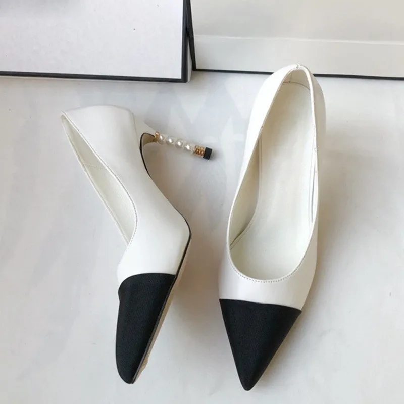 

2021 Sexy Pointed Toe High Heel Shoes Woman Black Leather Thin Heels Designer Pumps White Pearls Decorations Party Dress Heels
