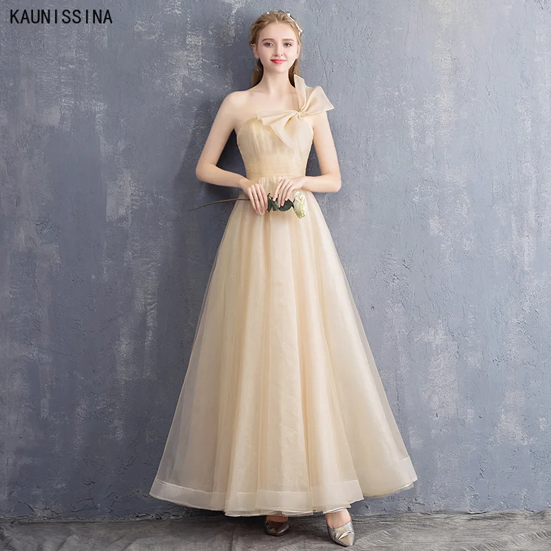 

KAUNISSINA Champagne Evening Dresses Long Strapless One-Shoulder Bownot Prom Dress Women Elegant Formal Occasion Vestidos Robe