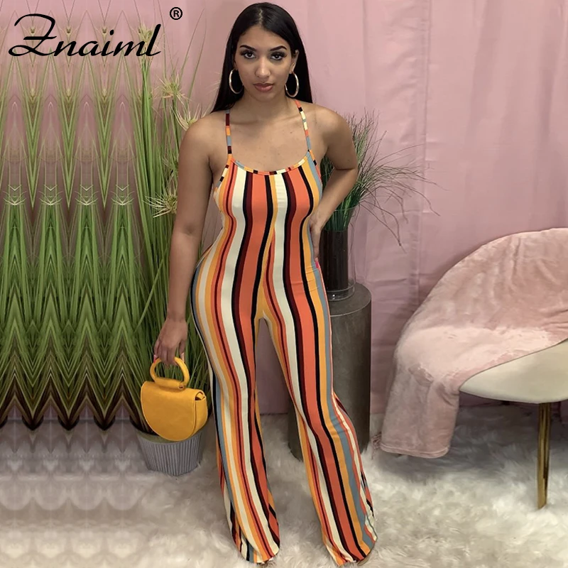 

Znaiml Summer Casual Sleeveless Rompers Jumpsuit Striped Color Overalls For Women Fashion Lace Up Backless Slim Beach Jumpsuit