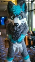 Gray Long Fur Husky Fox Dog Furry Mascot Costume Cosplay Dress Outfit Fursuit Christmas Halloween Birthday Party Ad Opening