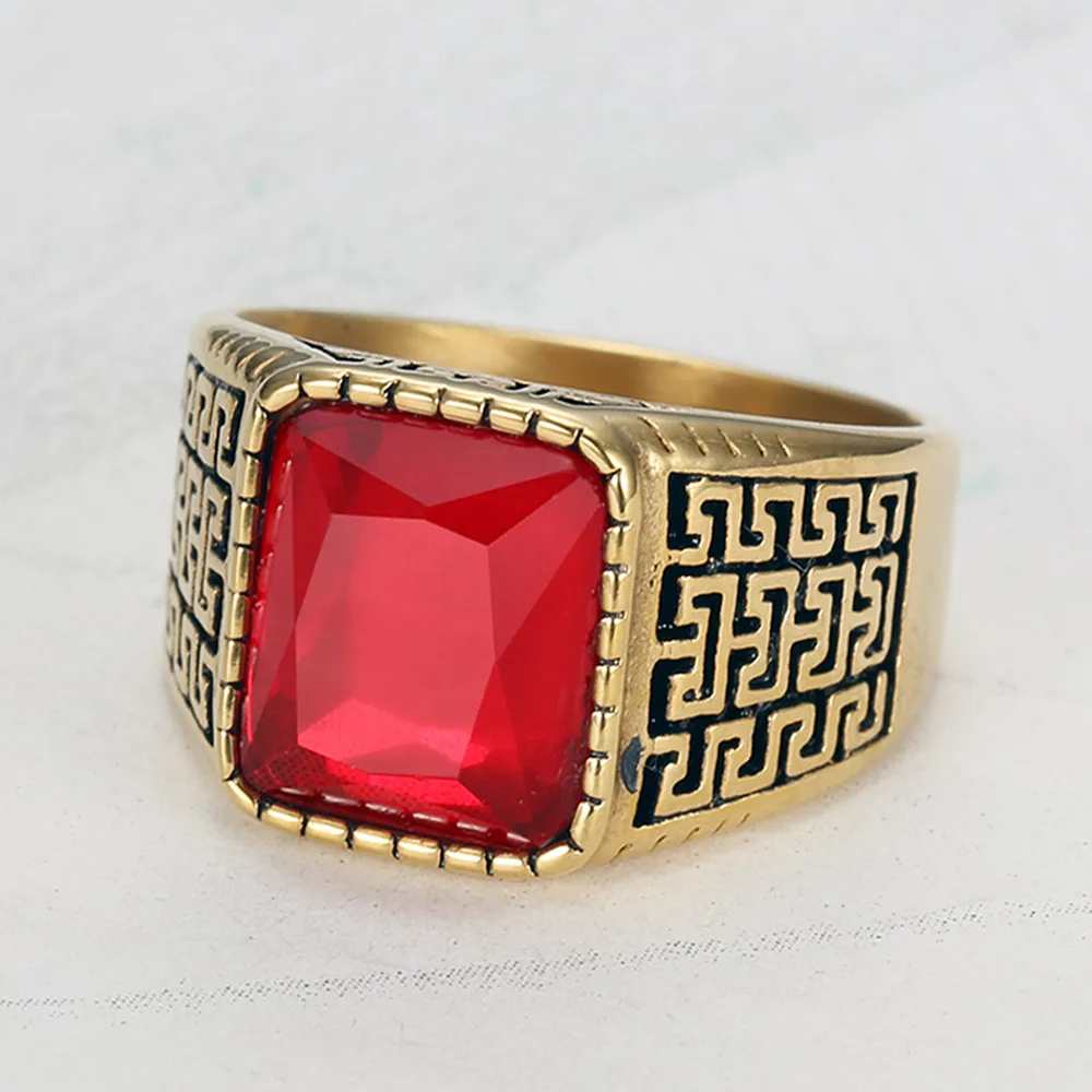 

Мужское кольцо из нержавеющей стали с красным и черным Цирконом, резные геометрические ювелирные украшения с рубиновым топазом, позолоченн...