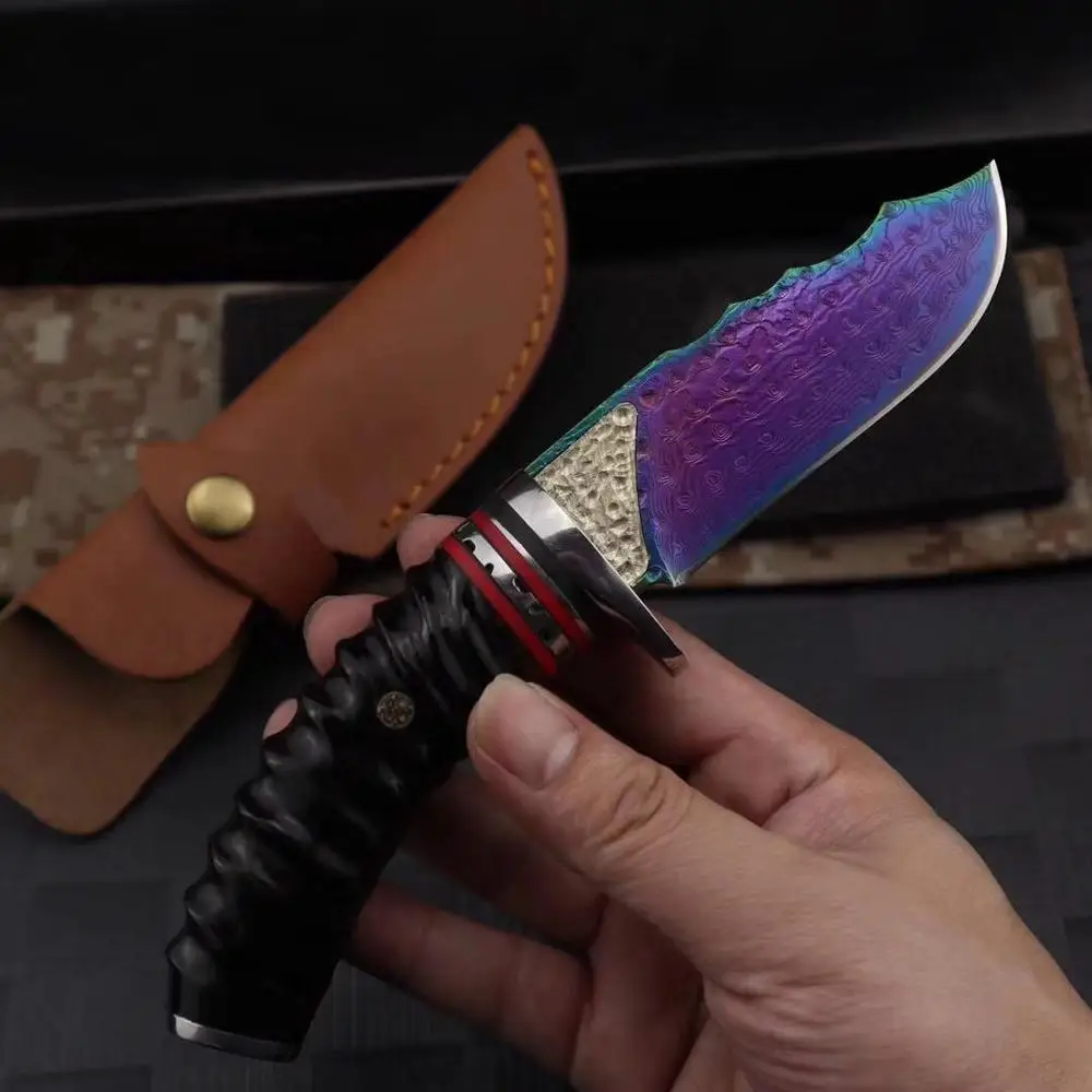 Самая низкая цена нож с фиксированным лезвием дамасская сталь ручка Олений Рог