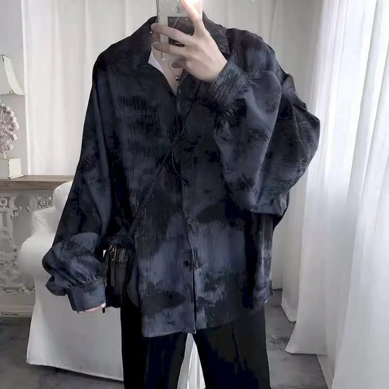 

shirt men 2022 new Hong Kong style tie-dye loose long-sleeved early autumn Korean version student ins dark abstinence shirt