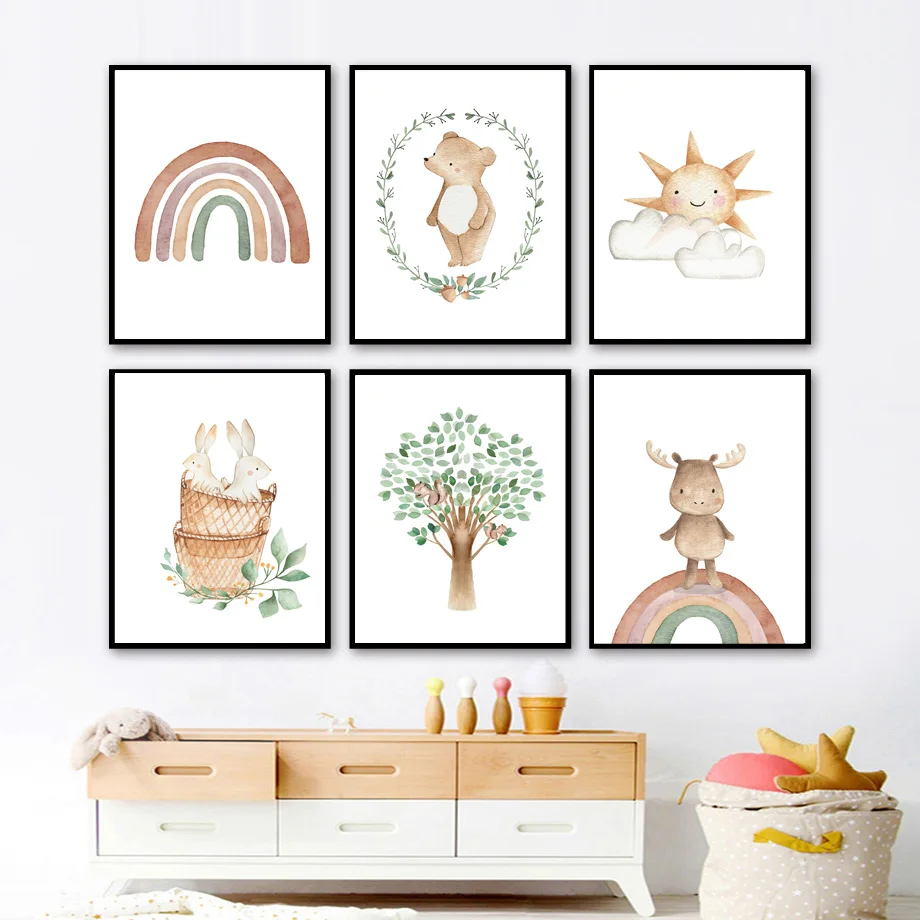 

Cartoon Bear Rabbit Deer Rainbow Sun Cloud Nursery Wall Art Canvas Painting Posters And Print Wall Pictures Baby Kids Room Decor