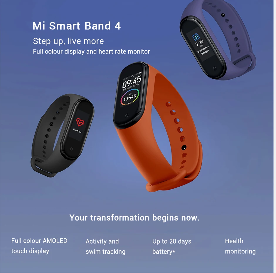 

Factory Original Xiaomi Mi Band 4 Smart Bracelet 4 Color 0.95" AMOLED Screen Miband 4 Fitness Traker Bluetooth 5.0 Smartband