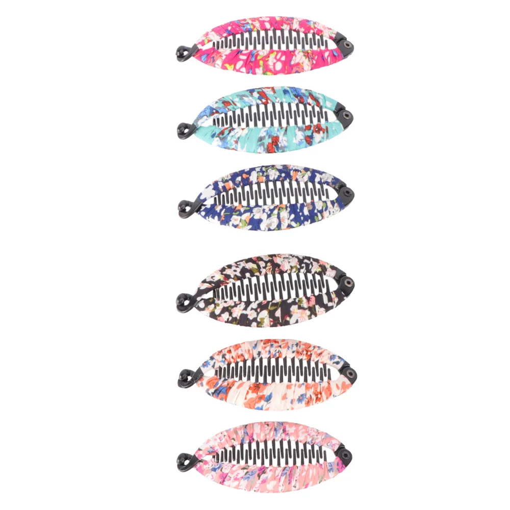 

6pcs Fashionable Banana Hair Clip Cloth Art Floral Ponytail Holder Strong Tension Hair Claw Size