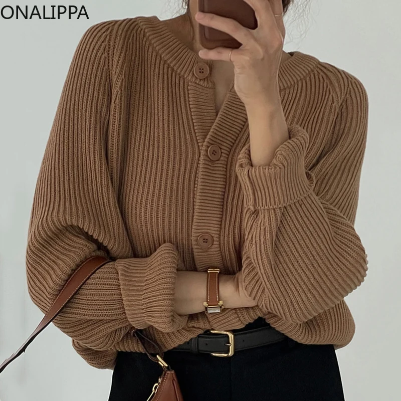 

ONALIPPA Female Cardigan 2021 Autumn Korean All-match Retro Round Neck Single-Breasted Loose Casual Solid Color Knitted Sweater