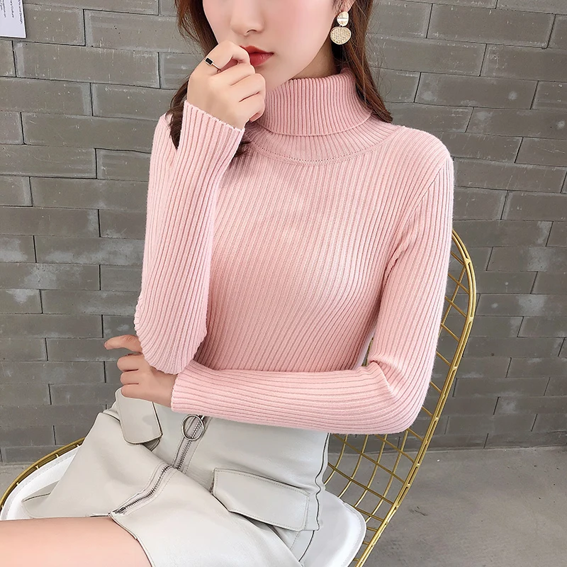 Водолазка облегающий однотонный Повседневный вязаный свитер с длинным рукавом