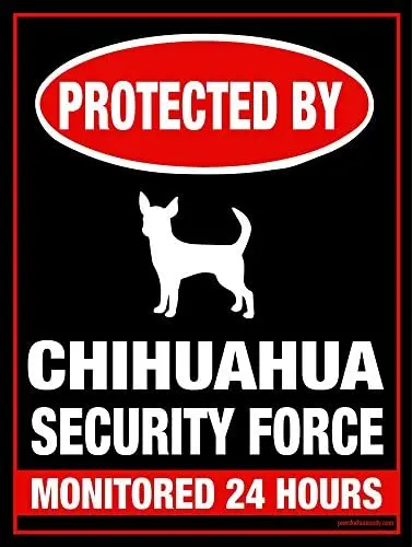 

Protected by Chihuahua Security Force Monitored 24 Hours, 9 x 12 Inch Metal Sign, Funny Dog Signs for Dog Lover, Sitter