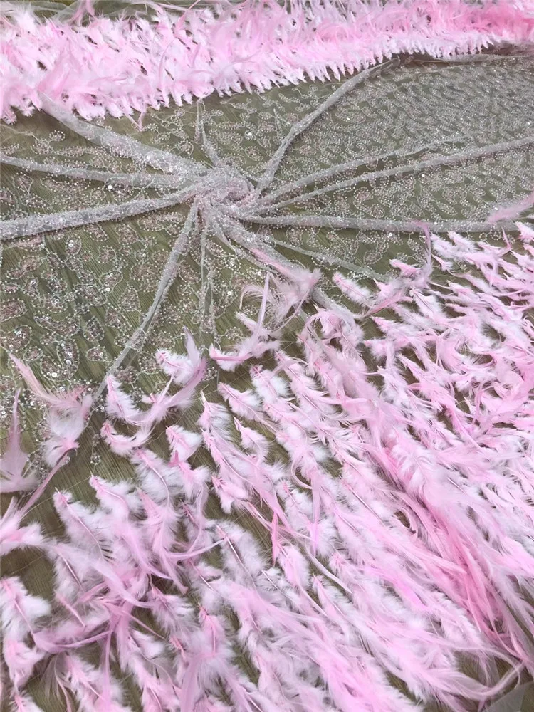 

Fashion feather embroidery sequin lace fabric brand new design pink French lace garment fabric FZ1139