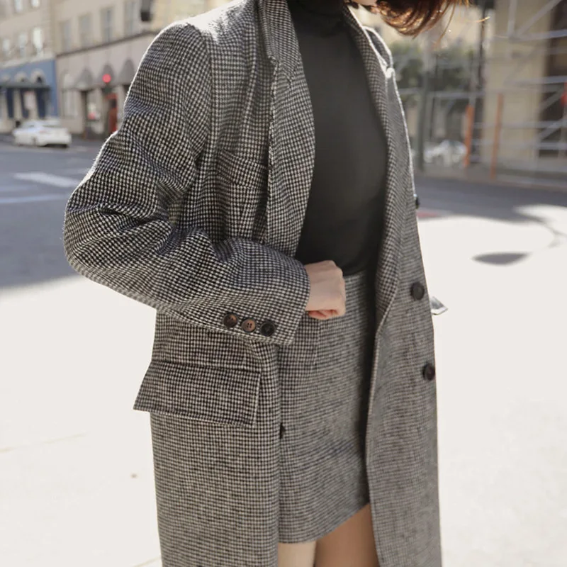 

Элегантное шерстяное пальто, Осень-зима, новинка, корейская мода, Длинные клетчатые пальто, элегантный Блейзер, пальто, комплекты, юбка с яго...