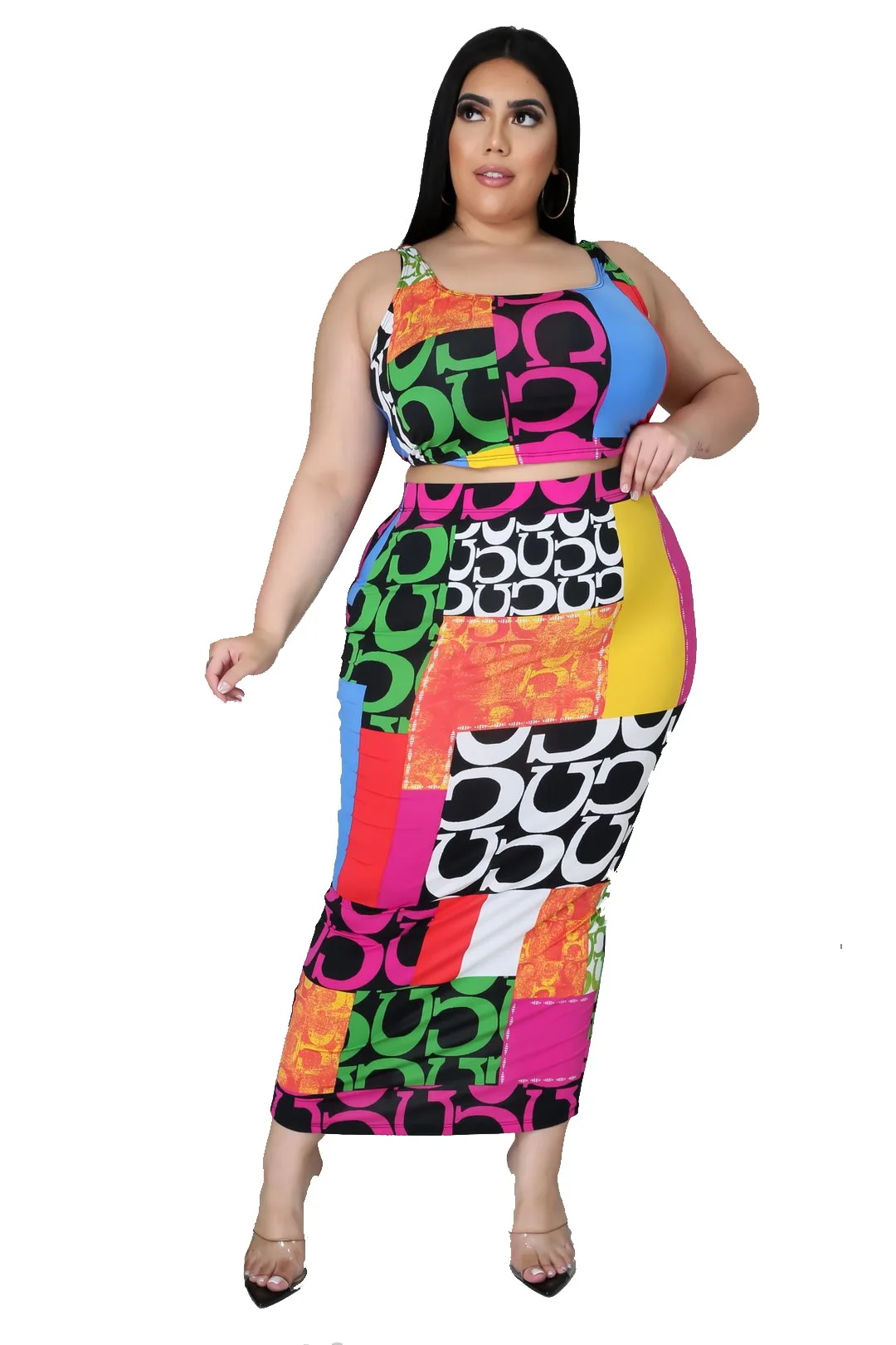 

Plus Size Two Piece Fashion Women's Sexy Sleeveless Suspenders Personality Multicolor Printing Split High Street Skirt Suit
