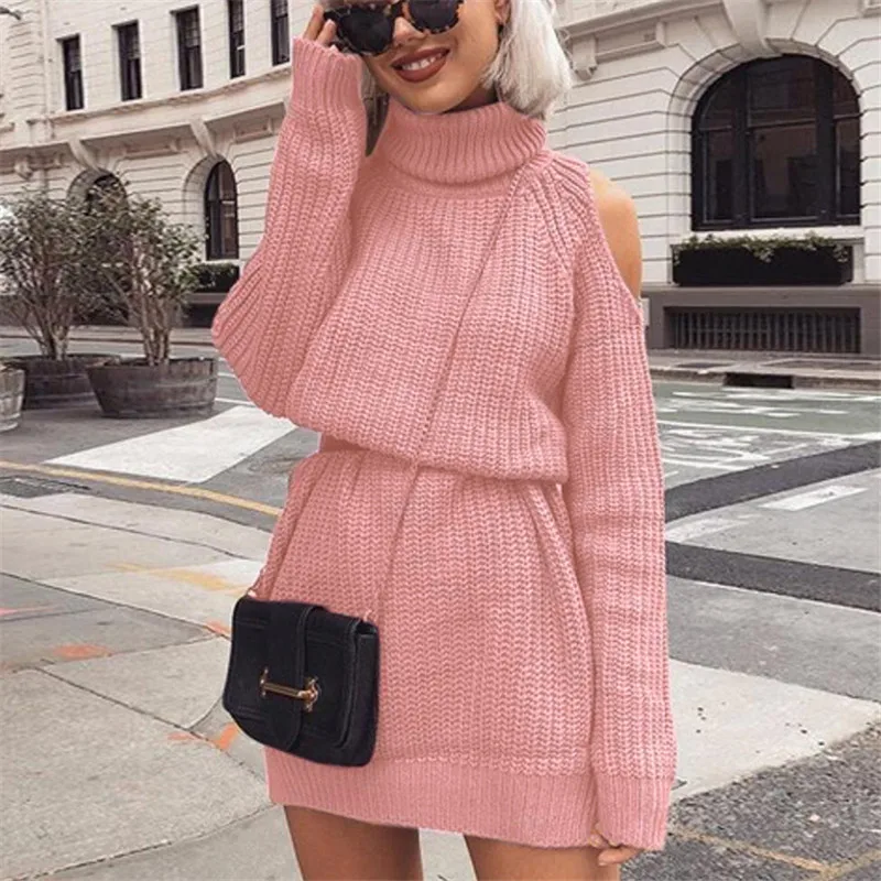 2019 Autumn New Women's Sweaters Long Turtleneck High Collar Off-shoulder Knitted Dresses Tricot Sweater Dress Women Winter Clot | Женская