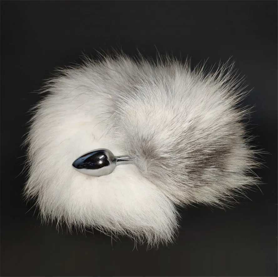 Анальная пробка с настоящим хвостом крестовой лисы, металлическая задница, секс-игрушки для пар, эротический косплей, серый белый хвост, 3 размера на выбор.