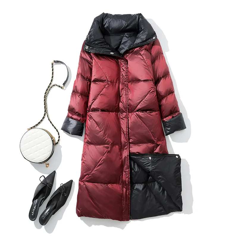 

Autumn Winter Stand-up Collar Duck Down Jacket Women Double Side Wear Outdoor Female Coats Long Warm Down Coat Jacket Parka