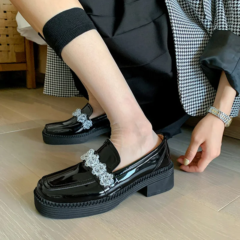 

Women Mary Janes Low Heels Platform Square Toe Vintage Thick Bottom Females Loafers White Lolita Rhinestone Party Ladies Shoes