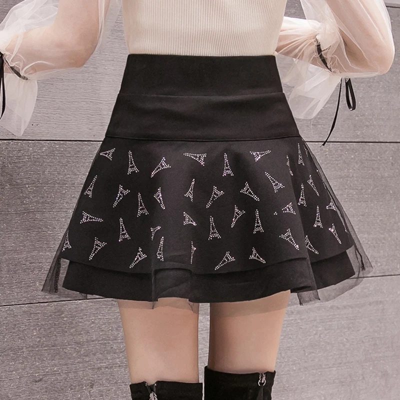 

2020 spring and autumn new mesh gauze diamond high waist slim short skirt black all-match skirt