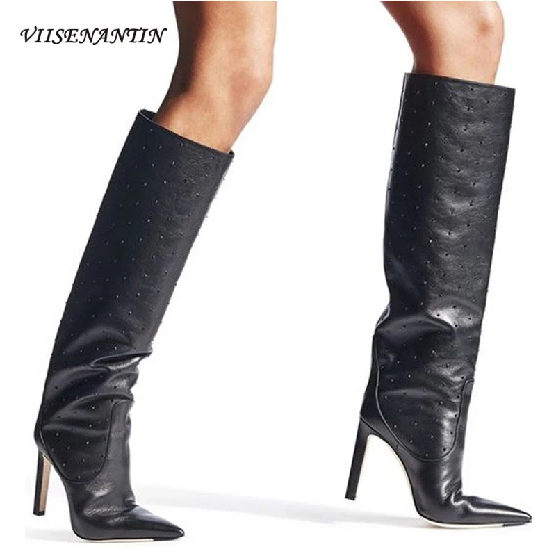 

Autumn Winter Gray Lattice Pointed Toe High Heel Knight Boots 2021 Black Stiletto Rivet High-barrel Handsome Fashion Long Boots