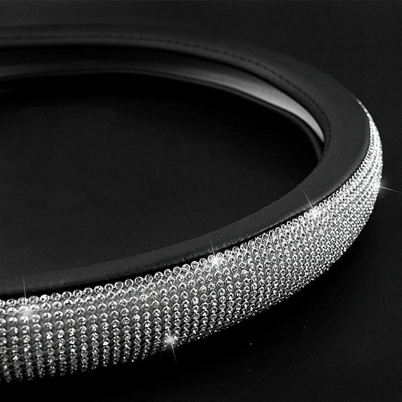 

1pc Steering Wheel Cover 38cm Accessory Replacement Handmade Leather+Rhinestone
